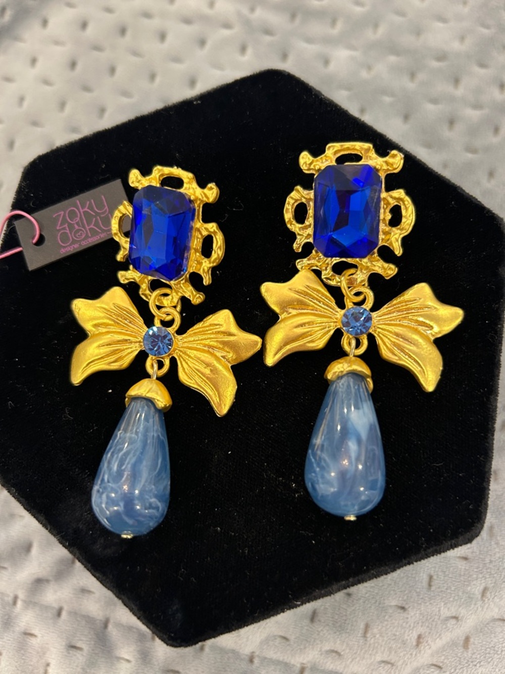 Blue Gem with Gold Bow Drop Earrings-NWT
